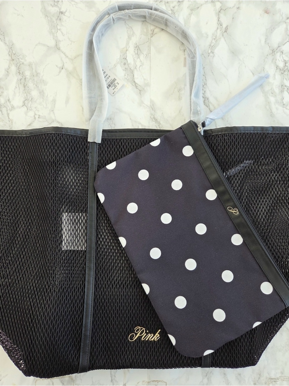Victoria's Secret “Pink” - Black Mesh Tote with Black Polka Dot Pouch - NWT - Picture 3 of 5